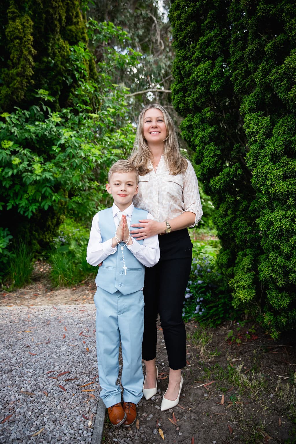 Mother and son walking outdoors